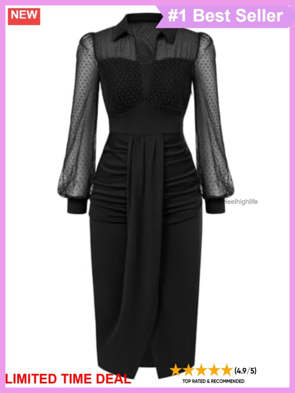 Vintage Ruched Mesh Long Sleeve Bodycon Midi Dress Collared Party Cocktail